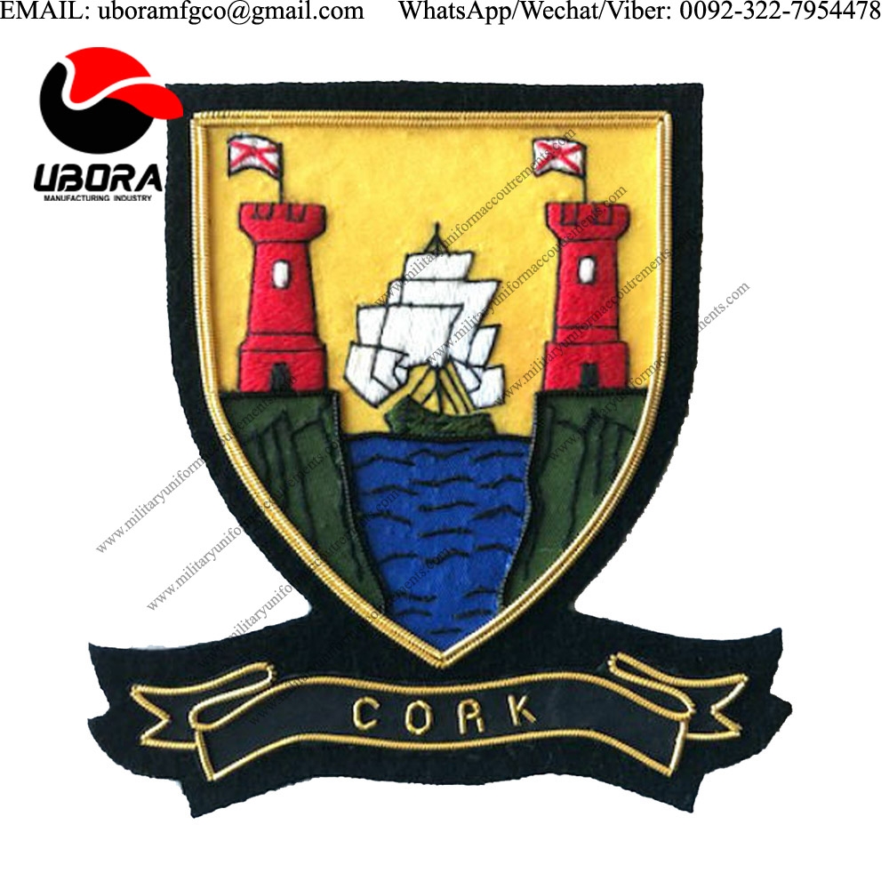Military Uniform emblem HAND EMBROIDERED IRISH COUNTY - CORK - COLLECTORS HERITAGE ITEM Bullion wire